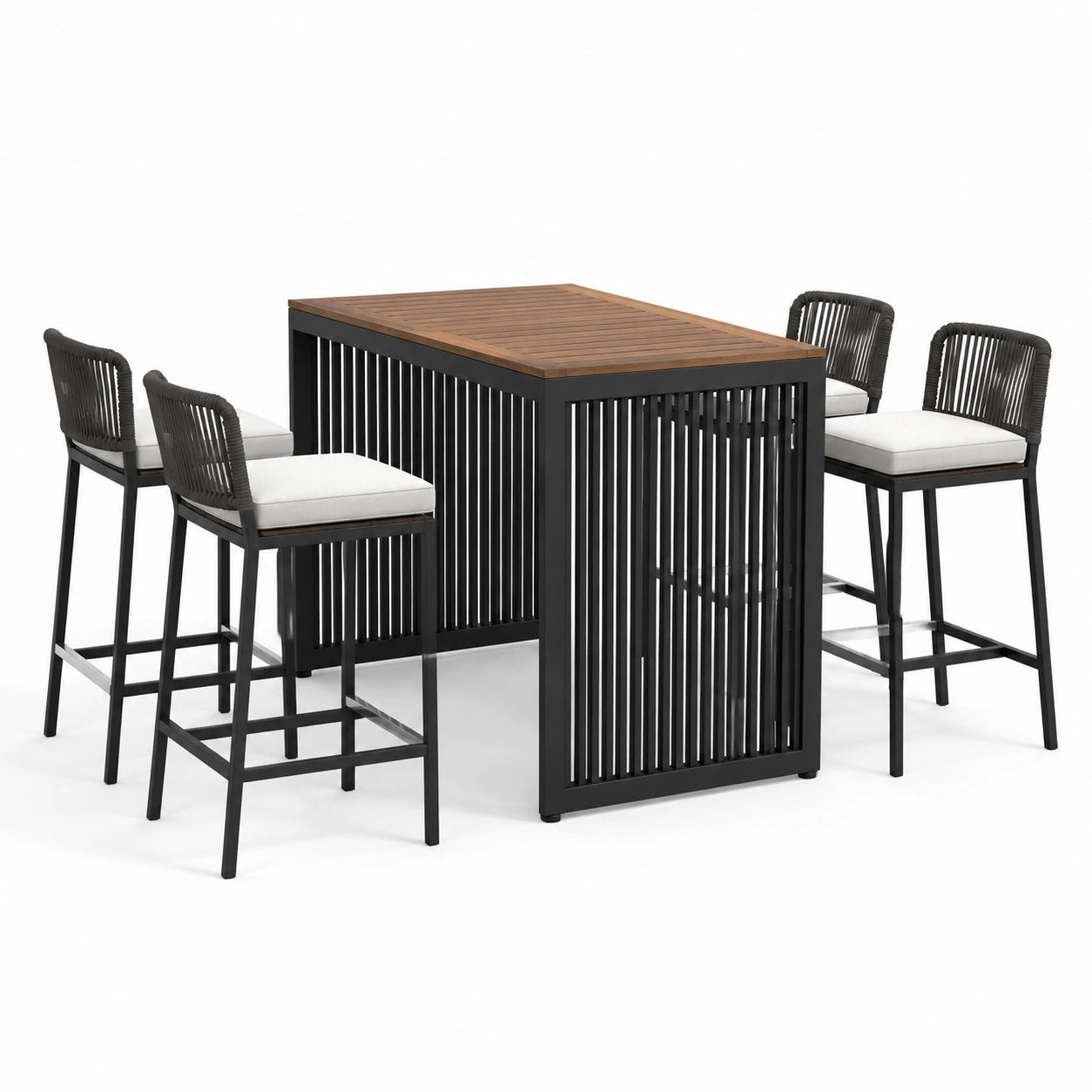 Bartisch-Set rechteckig Schwarz Aluminium Teakholz Hocker Polyester 70x110 cm