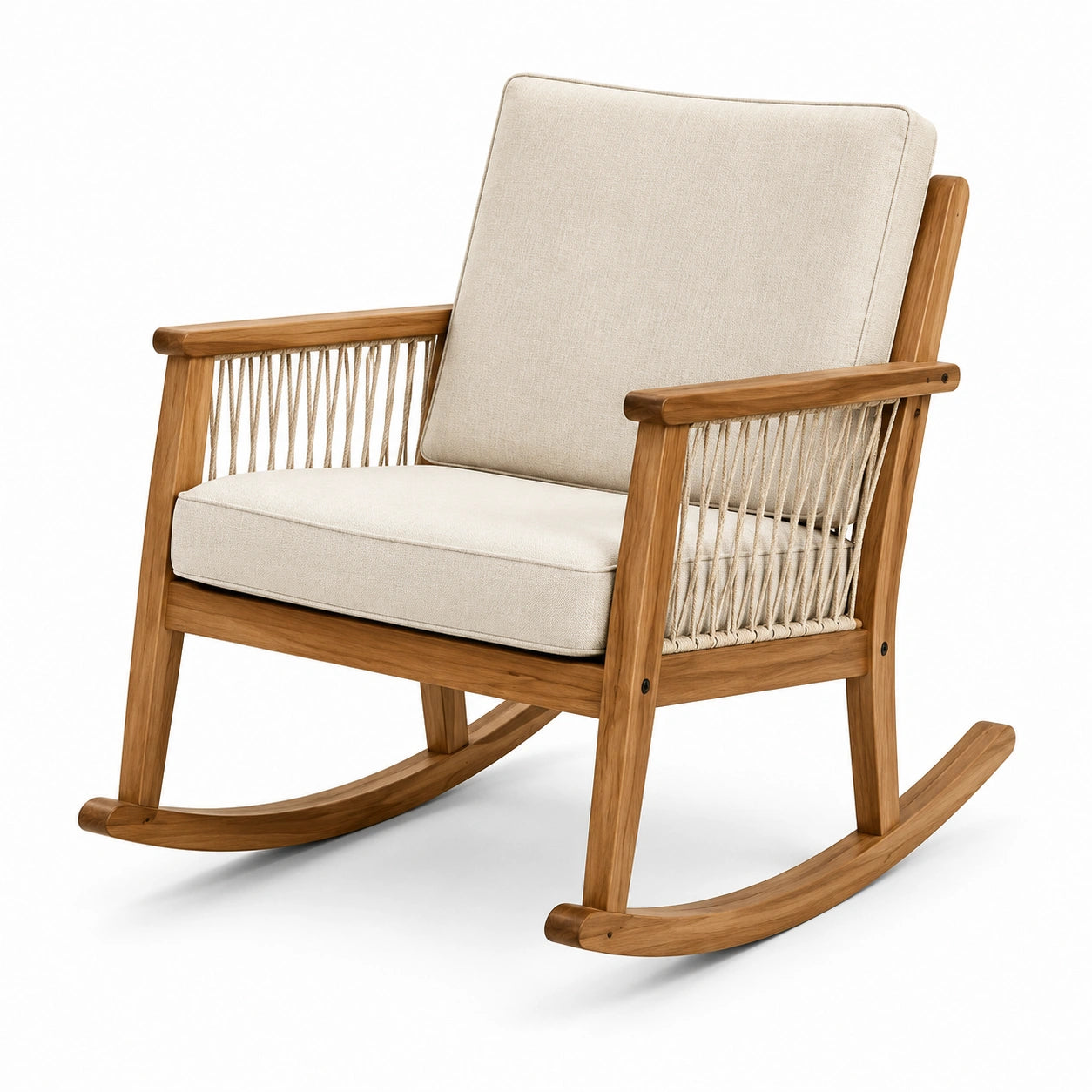 Fotel bujany drewniany z poduszkami bawełnianymi, teak, beżowy
