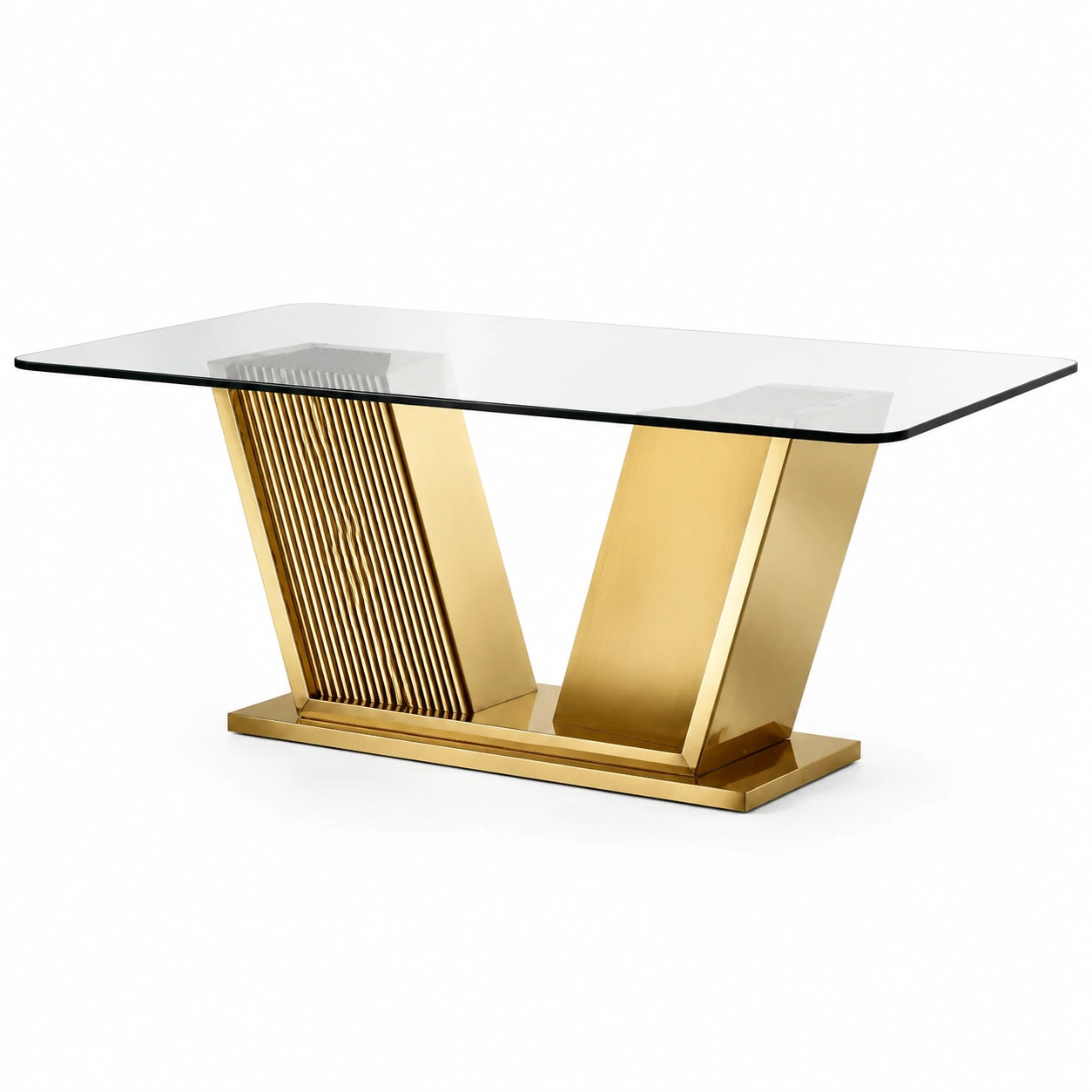 Rechteckiger Esstisch aus Glas und Edelstahl Gold 180x90x75cm